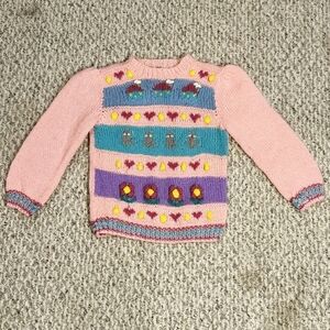 Vintage Popsicle Sweater 3D Knit Cats Flowers Hearts Girl's Size 7 Pink 80's EUC